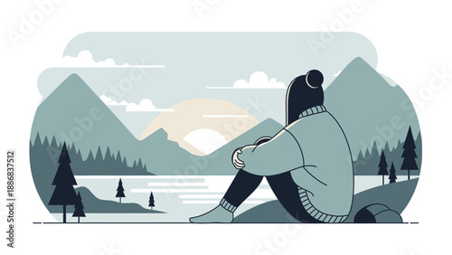Solitude In Nature Young Woman Embracing Calmness In Minimalist Mountain Landscape