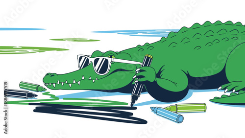 Stylish Reptile: Alligator Wearing Sunglasses Draws with Markers on a White Surface