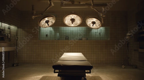 Sterile surgical room scene spotless operating table overhead lamps softly illuminated and clean tiled walls Balanced exposure emphasizes