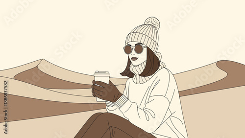 Stylish Woman Enjoying Coffee Amidst Desert Dunes Illustration Minimalist Design