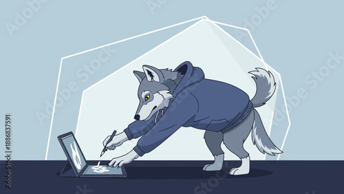 Stylish Wolf Artist Drawing Digitally with Creative Software on Modern Tablet