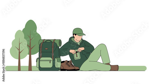 Solo Hiker Taking Break In The Forest Preparing His Gear For Next Adventure