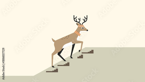 Stylized Deer Climbing Stairs With Determined Resolve On A Plain Background