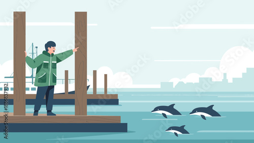Spotting Dolphins From The Pier A Scenic Coastal Wildlife Encounter Illustration