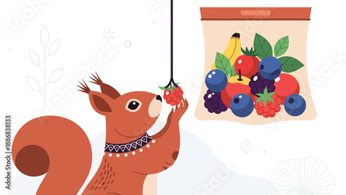 Squirrel Reaching For Raspberry Hanging Near Fruit Filled Bag Illustration