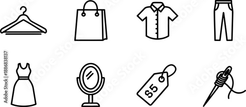 National Secondhand Wardrobe Week icon collection with clothing and shopping elements