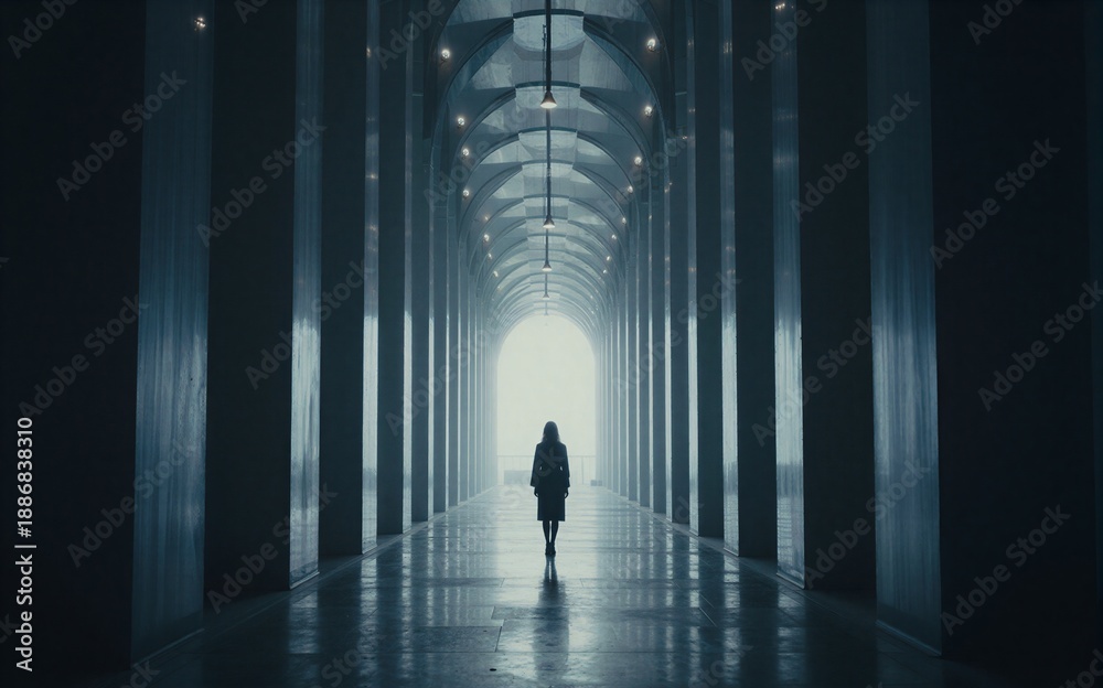 Obraz premium Silhouetted figure walks down long, dim corridor toward bright light at distant archway.