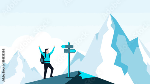 Successful Hiker Reaching Summit With Direction Sign Enjoying View Of Mountain