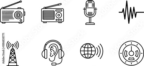 World Radio Day icons: radio, microphone, globe, headphones, signal