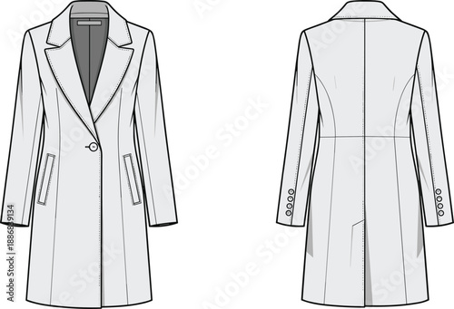 Technical fashion illustration of tailored women’s coat with notched lapel and welt pockets, front and back views, transparent background graphic