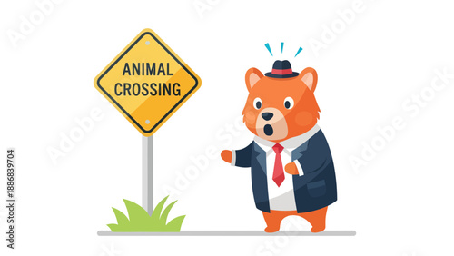 Surprised Bear Crossing The Road On The Way To Work Wearing A Suit