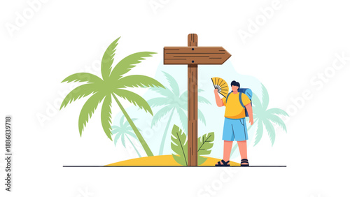 Traveler Cooling Off With Hand Fan on Tropical Island Vacation Adventure