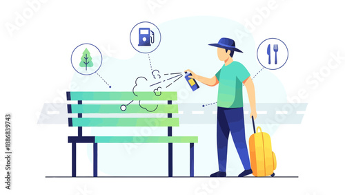 Traveler Disinfecting Bench Before Resting On Journey With Iconography Of Attractions