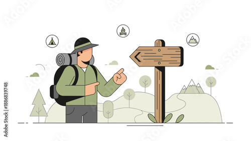 Traveler Deciding Which Path To Take Using Directional Arrow Signpost In Nature