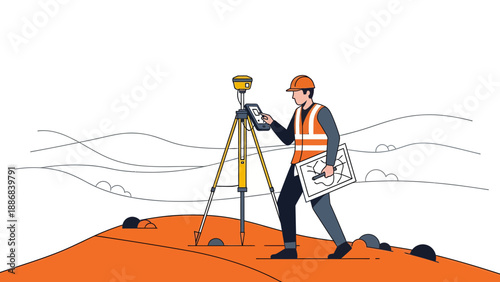Surveyor Working With Modern Geodetic Equipment For Topographic Mapping