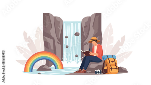 Traveler Taking Notes In Nature Near Waterfall And Rainbow Adventure Concept