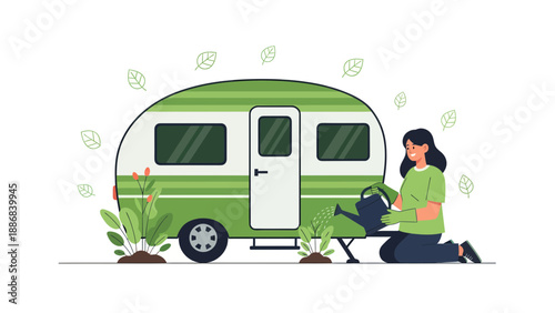 Sustainable Living Woman Gardening Near Eco Friendly Camper Trailer Concept