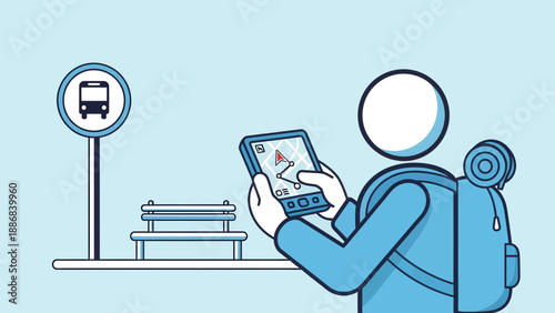 Traveling Man Using Mobile App At Bus Station For Navigation Adventure