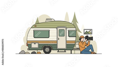 Traveling Photographer Capturing Moments Near His Camper Van In Nature Setting