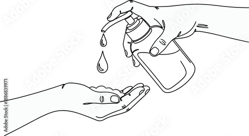 Hand sanitizer application vector illustration, black and white design with pump bottle and hygiene gesture