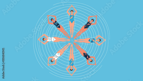 Synchronized Swimmers In Water Create Geometric Formation Aerial View