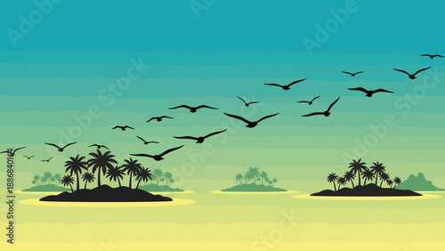 Tropical Island Paradise Scene With Silhouetted Palm Trees And Birds In Flight