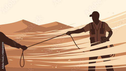 Tugging Towards Success: Silhouette Teamwork In Arid Landscape Pulling Ropes