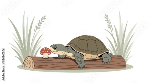 Turtle Finds Mushroom Illustration on Log Illustration In Natural Environment