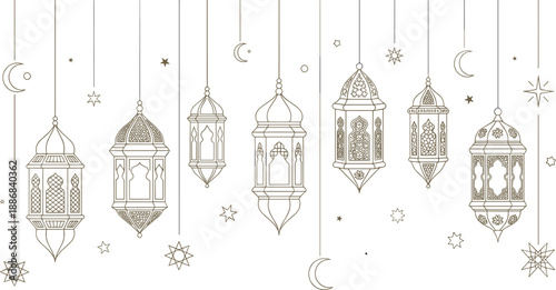 Intricate hanging lantern silhouettes with crescent moons and stars in elegant line art style for festive Islamic themes