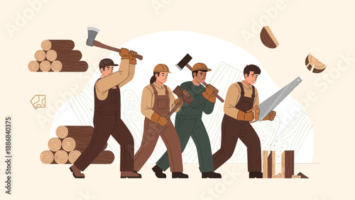 Team Of Lumberjacks Engaged In Woodworking And Timber Harvesting Activities Illustration
