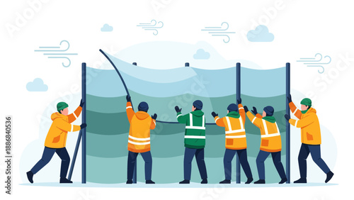 Teamwork In Bad Weather As A Group Erects A Protective Barrier Together