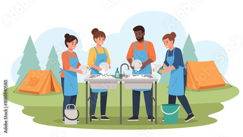 Teamwork Makes Camping Clean: Group Effort Washing Dishes Outdoors Together