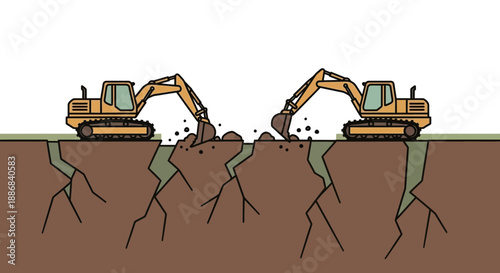 Two Powerful Excavators Actively Digging And Transforming The Earth Surface