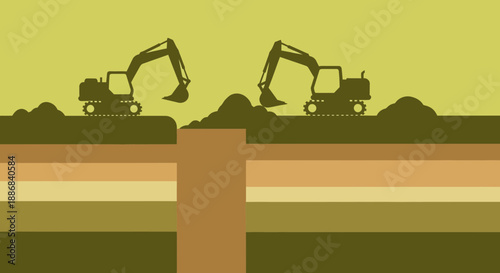 Two Industrial Diggers Operating On Stratified Soil Layers For Infrastructure Development