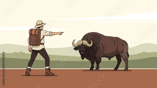 The Confrontation Between Hiker And Gaur In Natural Environment Illustration