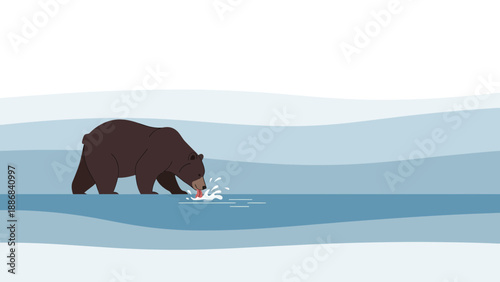 Thirsty Bear In A Clean Landscape Illustration And Wildlife Nature Concept