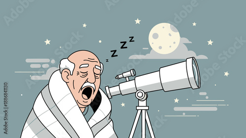 Tired Astronomer Napping Under Moonlight Using Telescope For Observation Hobby Night