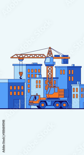 Urban Construction Site Progress With Tower Crane And Modern Buildings Blue Sky