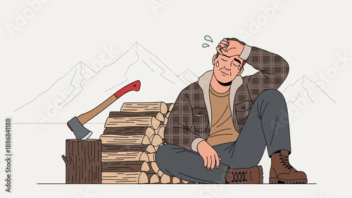 Tired Lumberjack Resting After Chopping Wood In Nature With Mountain Background