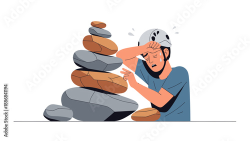 Tired Hiker Trying To Balancing Stones After Hiking Uphill In Summer Season