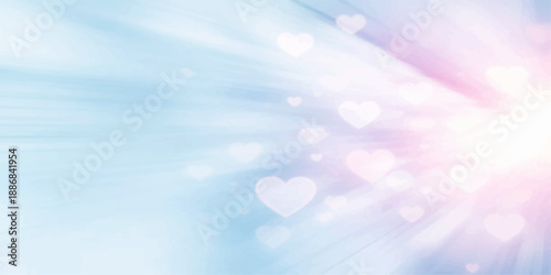 Abstract bokeh background featuring a bright blue sky with glowing heart circles and defocused light patterns for a festive Valentine or Christmas holiday design