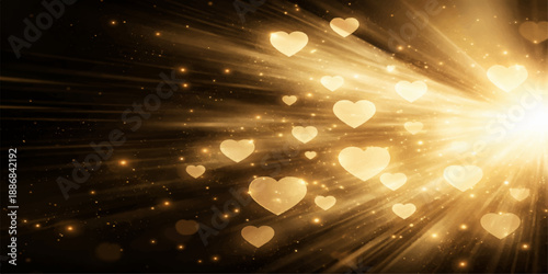 An abstract golden background with glowing bokeh lights and bright rays creates a shiny defocused pattern for a festive Christmas holiday design with a warm yellow sparkle and illuminated glow