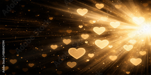 An abstract golden bokeh background features glowing glitter and bright holiday lights defocused into a magic shiny blur for a festive Christmas celebration