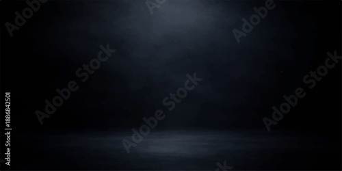 Dark blue grunge background with a central spotlight effect on a vintage textured concrete wall surface featuring an empty black chalkboard pattern and subtle smoke design