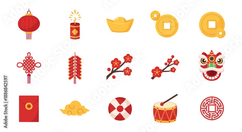 Chinese New Year Icons: Lanterns, Firecrackers, Gold, Coins, Lion Dance, Drums