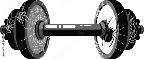 Black dumbbell covered in realistic spider webs and featuring a large black spider clinging to the center plate.