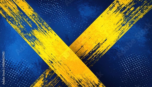 Textured blue background with bold yellow diagonal brush strokes forming an X