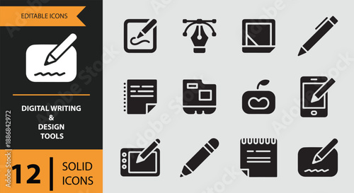 Essential solid icon set featuring digital writing and design tools for various projects