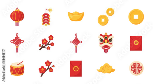 Chinese New Year Icons: Lantern, Firecracker, Coins, Lion Dance, Red Envelopes, Drums