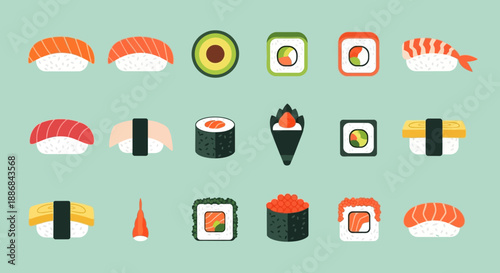 Assorted Sushi and Sashimi Icons in Flat Design.